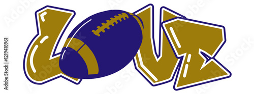 love - Metallic gold and royal purple football ball, sport vector graphics, hockey, for street art - graffiti lettering typography - art illustration - multicolor - writen	