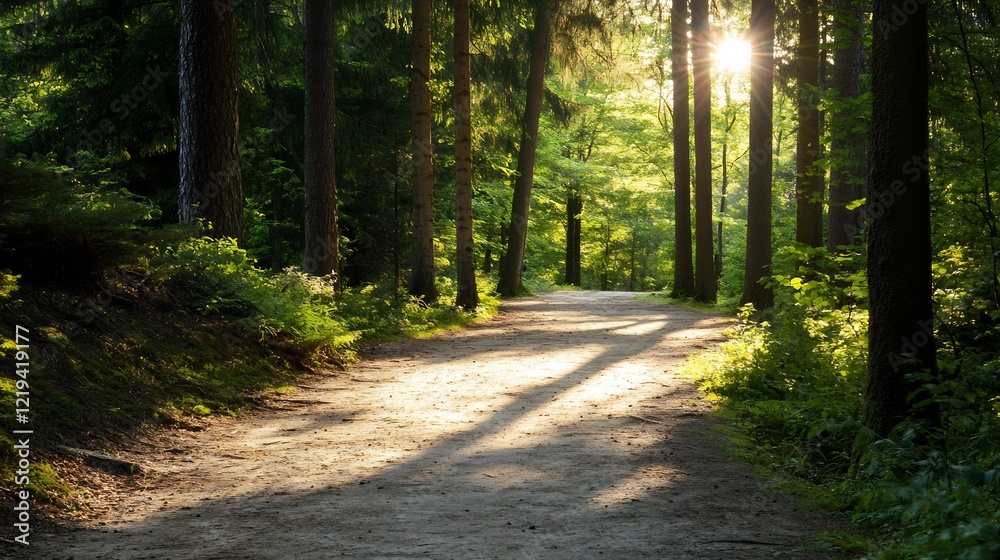 Fototapeta premium Sunlit Forest Path: A Serene Walk Through Nature's Embrace