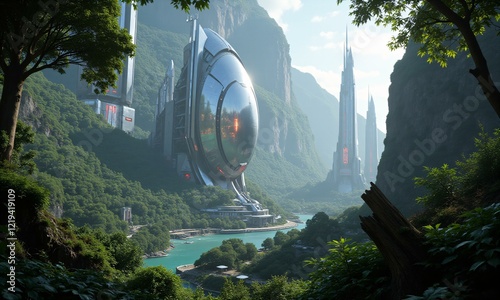 A futuristic city with sleek, metallic buildings nestled within a dense jungle, blending nature and technology