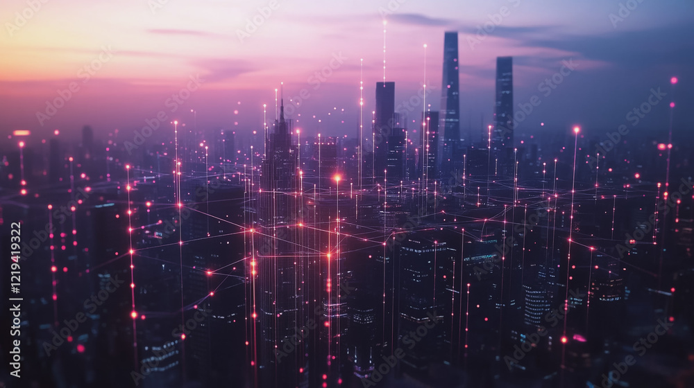 Fototapeta premium Smart digital Innovation city with connection network reciprocity over the twilight cityscape. of future smart wireless digital city and social media networking systems that connects people with city