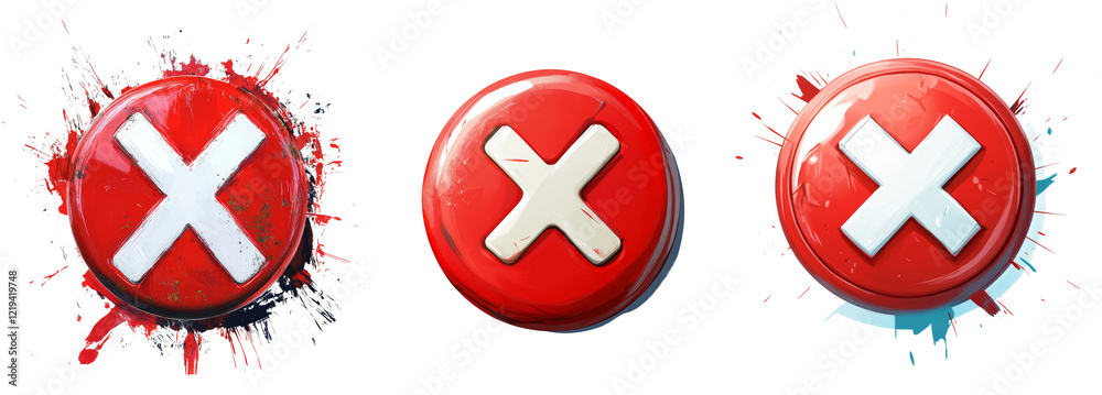 Obraz premium Three red glossy buttons feature a prominent white cross symbol each, set against a dynamic paint splash backdrop.