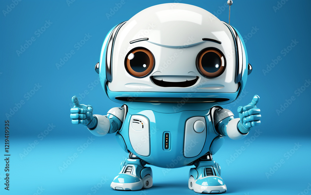 A blue robot with a smile is standing on a blue background A blue robot with a smile is standing on a blue background