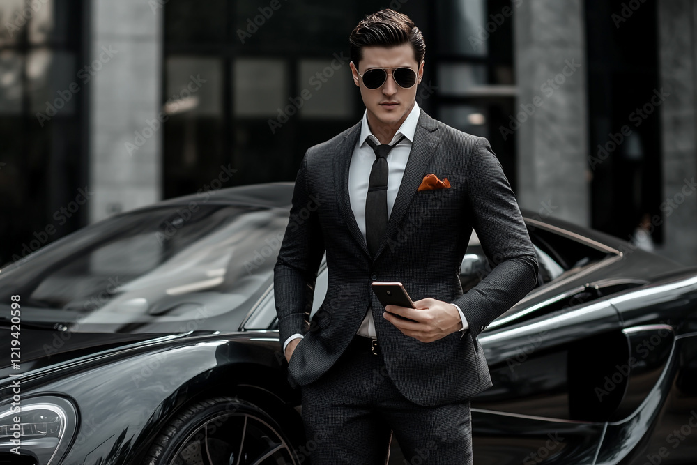 A man in a suit and sunglasses stands next to his black supercar. A man in a suit and sunglasses stands next to his black supercar.