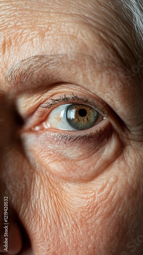 Close up of an elderly woman's eye, highlighting age related changes such as wrinkles, crow's feet, and potential vision impairment, emphasizing the effects of aging on eyesight and skin photo