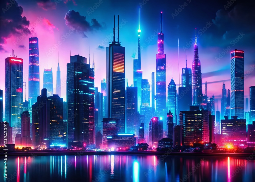 Fototapeta premium Silhouette Futuristic Glitch Cityscape - 4K Abstract Background
