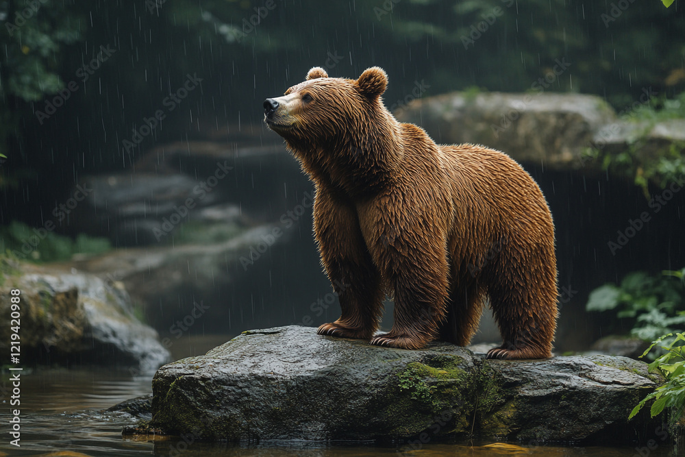 Obraz premium Brown Bear Standing on Rock in Rain