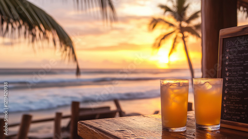 Chilled shandy glasses served at a cozy beach shack under the tropical sunset.