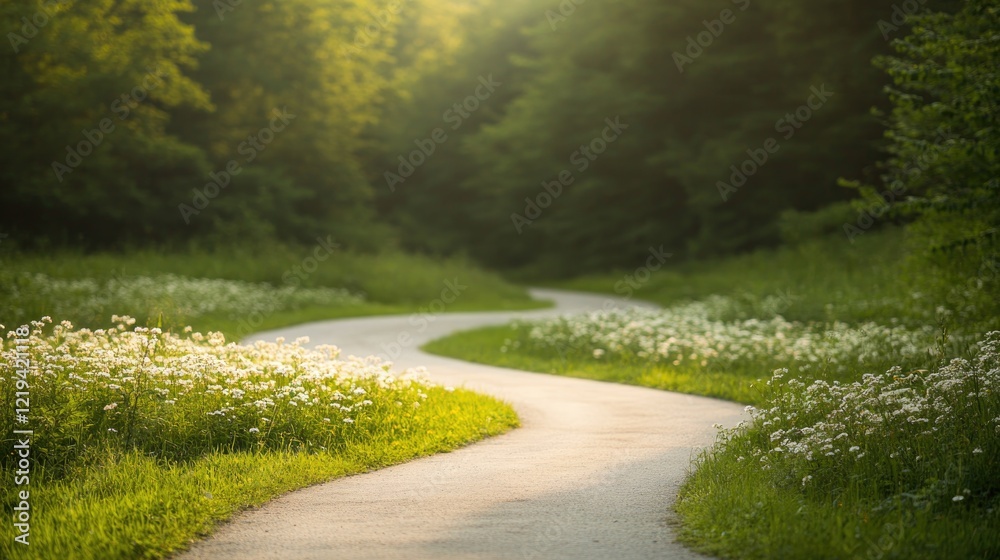 Obraz premium Winding path through serene forest adorned with blooming wildflo