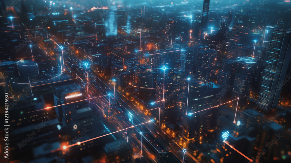 Smart digital Innovation city with connection network reciprocity over the twilight cityscape. of future smart wireless digital city and social media networking systems that connects people with city Smart digital Innovation city with connection network reciprocity over the twilight cityscape. of future smart wireless digital city and social media networking systems that connects people with city