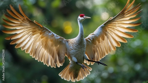 A sandhill crane flapping its wings during a courtship dance