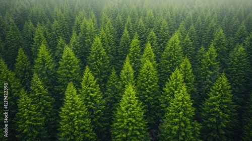 Lush green pine trees create serene, harmonious atmosphere in na