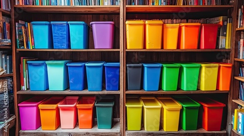 A brightly colored shelving unit features multiple cubbies in a gradient of colors, photo