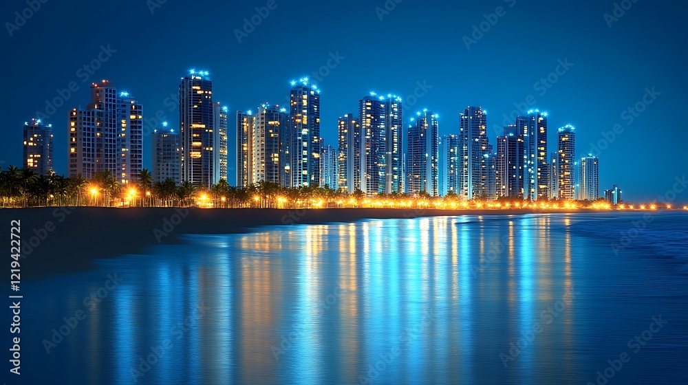 Fototapeta premium Night City Skyline Illuminates Coastal Beachfront