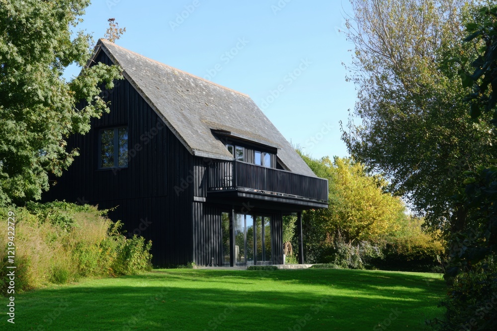 Fototapeta premium Modern black wooden house nestled in lush greenery on a sunny day showcasing architecture and tranquility in a serene environment