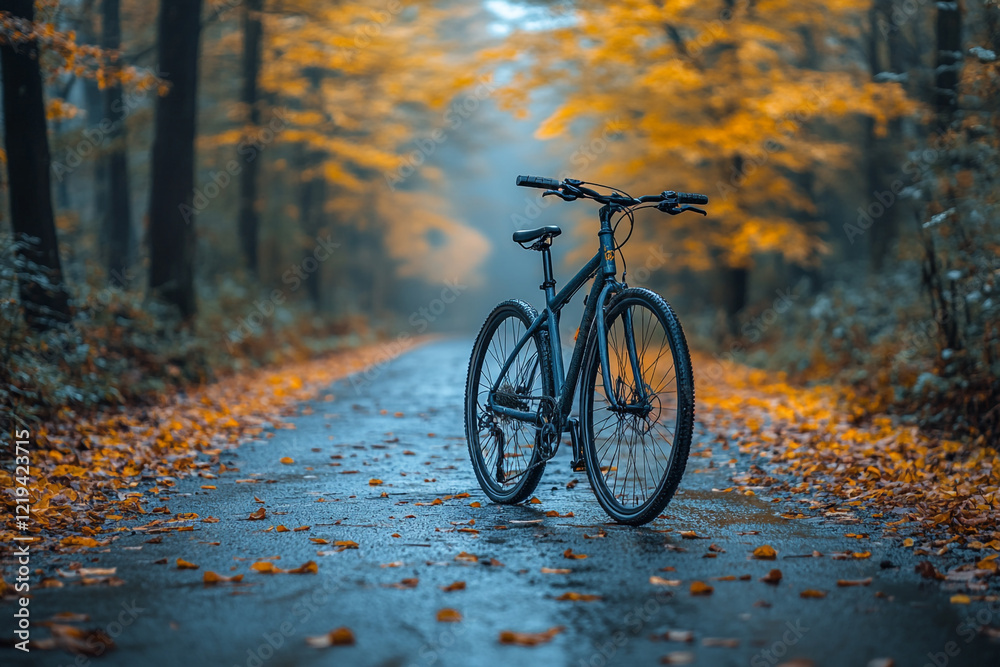 Fototapeta premium Bicycle Parked On Autumn Forest Road