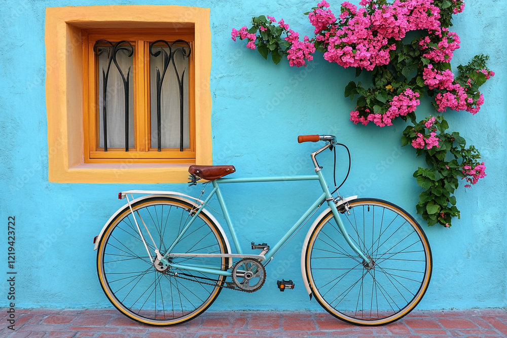 Pastel Bicycle Against A Vibrant Blue Wall With Flowers Pastel Bicycle Against A Vibrant Blue Wall With Flowers