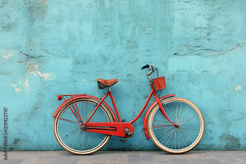 A red bicycle leans against a teal wall photo