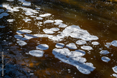 ice formations in a wild river, beautiful frozen ice formations from the interaction of water, flow and frost, Raunis, Latvia photo