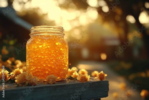 Honey crystallization process in clear jar