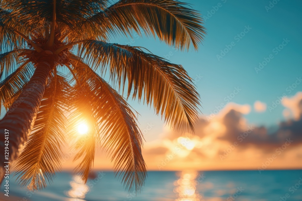 Fototapeta premium A beautiful palm tree with sunlight on a tropical beach