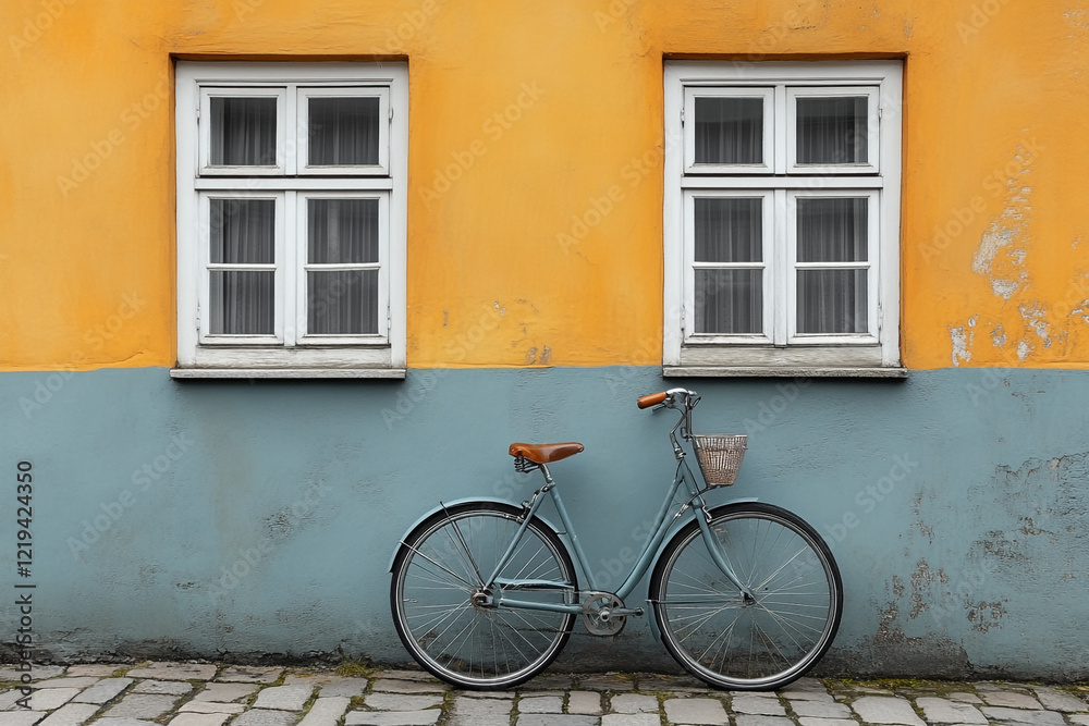 Bicycle Leaned Against Building With Two Windows Bicycle Leaned Against Building With Two Windows