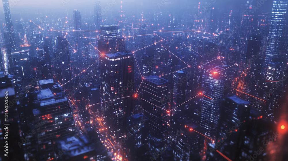 Smart digital Innovation city with connection network reciprocity over the twilight cityscape. of future smart wireless digital city and social media networking systems that connects people with city Smart digital Innovation city with connection network reciprocity over the twilight cityscape. of future smart wireless digital city and social media networking systems that connects people with city