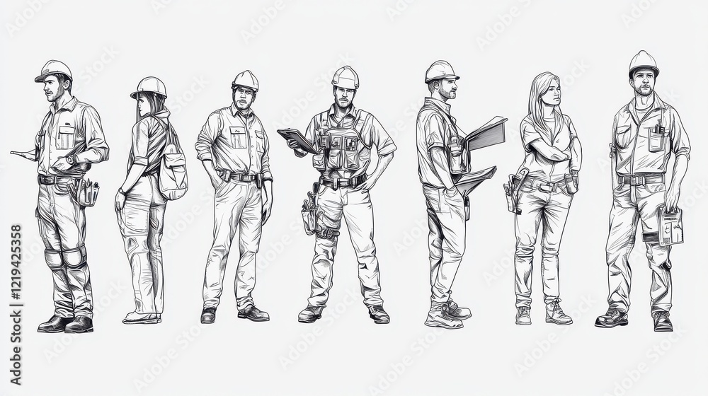 Linear vector isolated illustration set of people working in different industries, professional workers in their fields. Police officer, construction worker, road worker, electrician, office clerk.