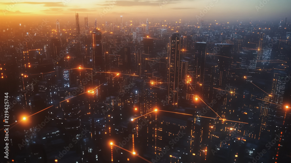 Smart digital Innovation city with connection network reciprocity over the twilight cityscape. of future smart wireless digital city and social media networking systems that connects people with city