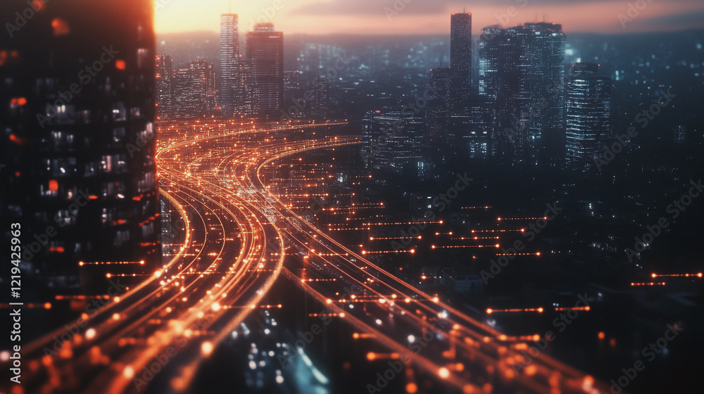 Fototapeta premium Smart digital Innovation city with connection network reciprocity over the twilight cityscape. of future smart wireless digital city and social media networking systems that connects people with city