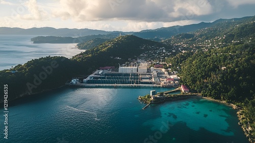 Coastal power plant aerial view, Caribbean hills background, energy production