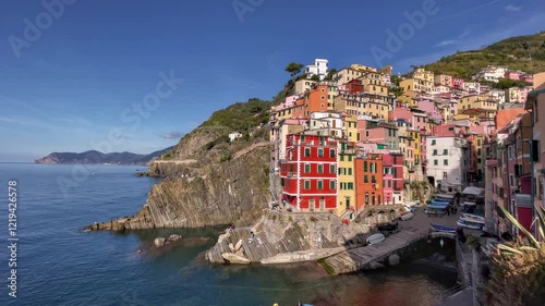 The beautiful sea coastal scene of the village of Riomaggiore in the Cinque Terre, Province of La Spezia, Italy.