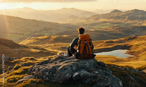 Scenic view of a hiker resting on a rock, overlooking a tranquil valley at sunset, with mountains in the background