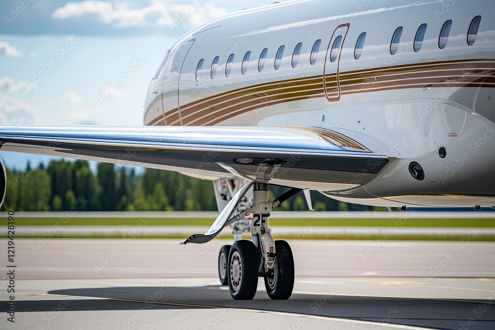 A close-up view of a sleek private jet on a runway, showcasing its elegant design and polished finish under a clear blue sky. front wheel of airplane A close-up view of a sleek private jet on a runway, showcasing its elegant design and polished finish under a clear blue sky. front wheel of airplane