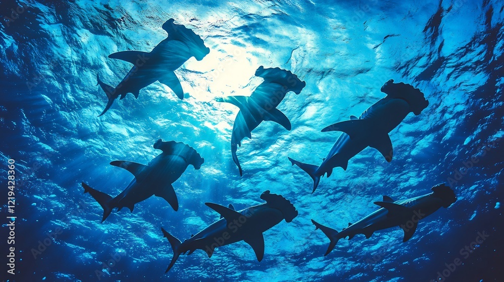 Fototapeta premium A school of hammerhead sharks silhouetted against the deep blue ocean