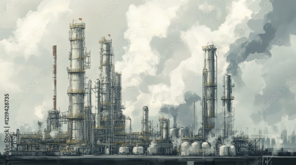 A hand-drawn sketch of an industrial complex with tall towers, pipes, and tanks against a cloudy sky. A hand-drawn sketch of an industrial complex with tall towers, pipes, and tanks against a cloudy sky.
