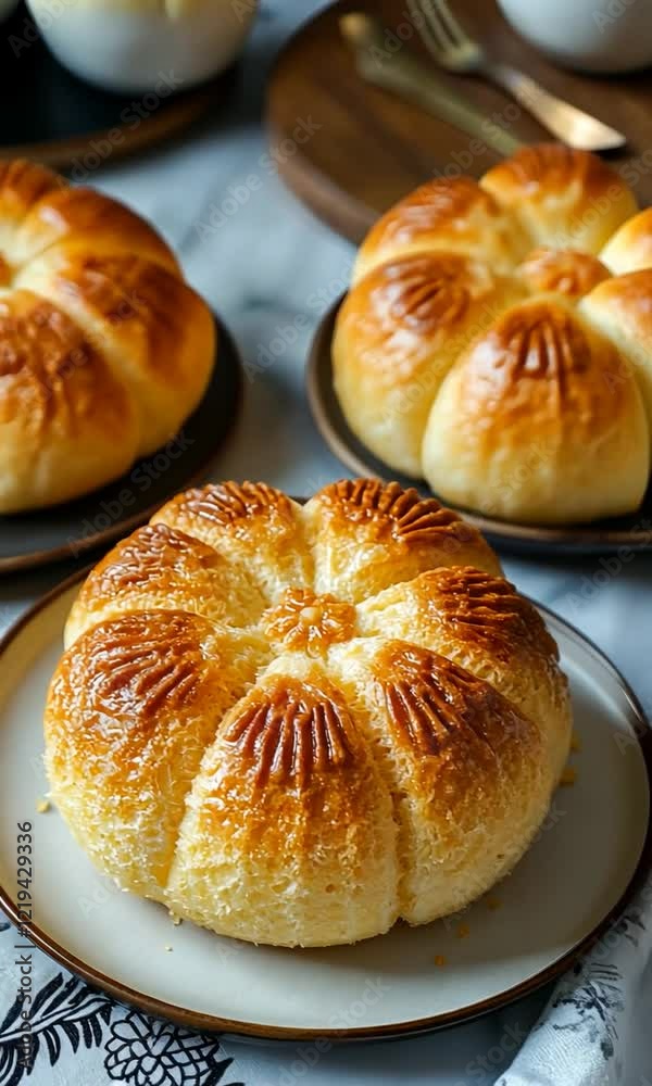 Freshly baked golden bread rolls arranged on a table