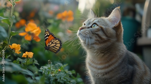 A Scottish Fold cat curiously observing a butterfly in a garden