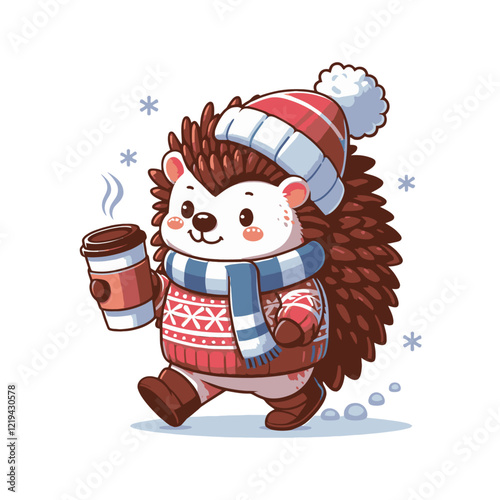 Happy hedgehog in winter clothes enjoying a hot coffee cup in the snow, with a warm scarf and hat. Isolated vector illustration for seasonal designs.