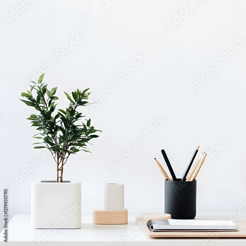 Minimalist Workspace with Attractive Plant and Sleek Desk Accessories
