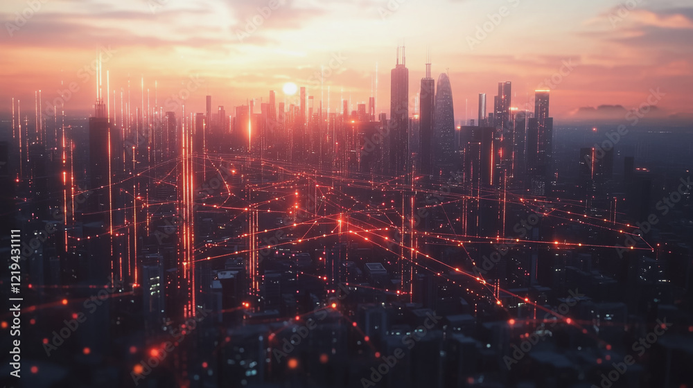 Smart digital Innovation city with connection network reciprocity over the twilight cityscape. of future smart wireless digital city and social media networking systems that connects people with city Smart digital Innovation city with connection network reciprocity over the twilight cityscape. of future smart wireless digital city and social media networking systems that connects people with city
