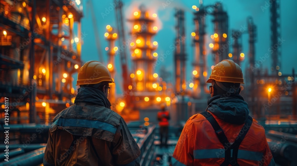 Obraz premium Construction workers building structure at night under moonlight 