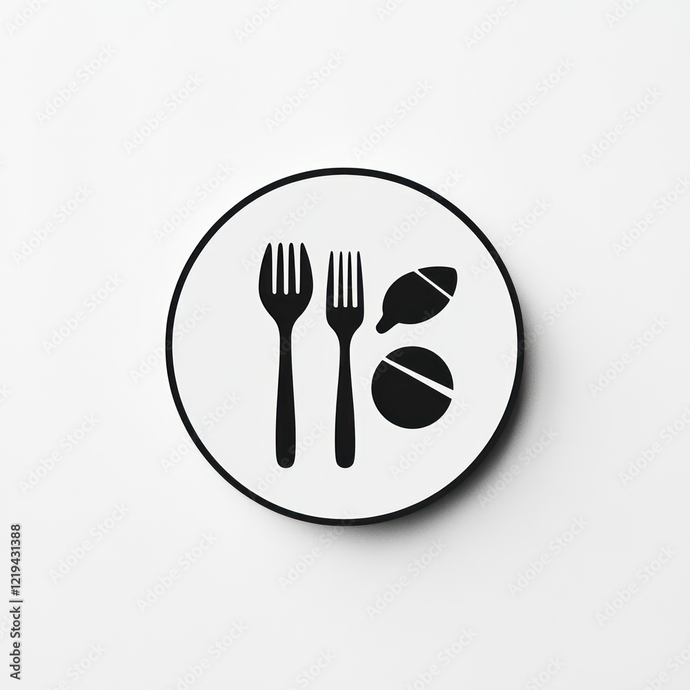 Two forks, a lemon and a pill within a circle on white background, food related icons Two forks, a lemon and a pill within a circle on white background, food related icons