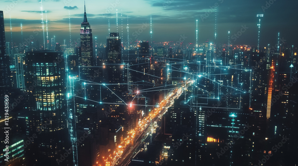 Smart digital Innovation city with connection network reciprocity over the twilight cityscape. of future smart wireless digital city and social media networking systems that connects people with city Smart digital Innovation city with connection network reciprocity over the twilight cityscape. of future smart wireless digital city and social media networking systems that connects people with city