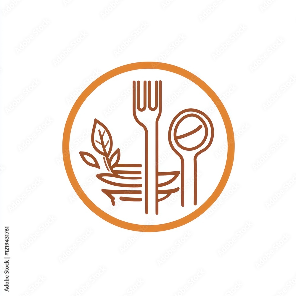 Plate, fork, spoon, leaf icons. Food-related, menus, recipes, restaurants, or cooking Plate, fork, spoon, leaf icons. Food-related, menus, recipes, restaurants, or cooking