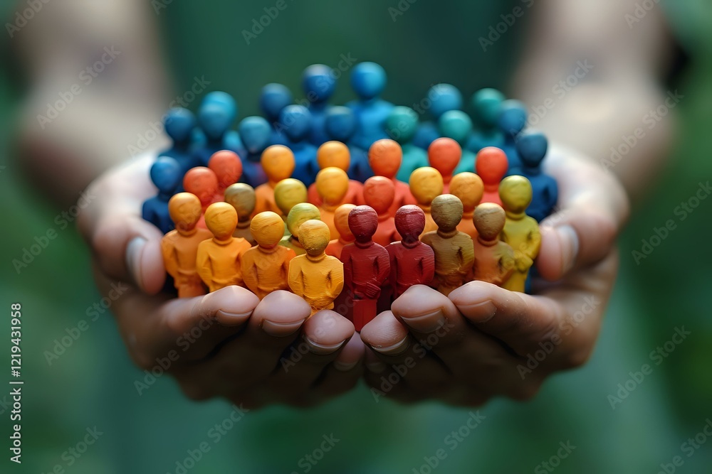 Cupped hands holding colorful wooden figures arranged in rows, symbolizing community, diversity, and teamwork. Perfect for social responsibility, inclusion, and leadership concepts. Cupped hands holding colorful wooden figures arranged in rows, symbolizing community, diversity, and teamwork. Perfect for social responsibility, inclusion, and leadership concepts.