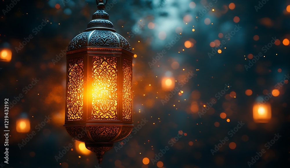 Illuminated Ornate Lantern with Warm Light Against a Bokeh Background of Floating Lanterns and Sparkles
Illuminated Ornate Lantern with Warm Light Against a Bokeh Background of Floating Lanterns and Sparkles