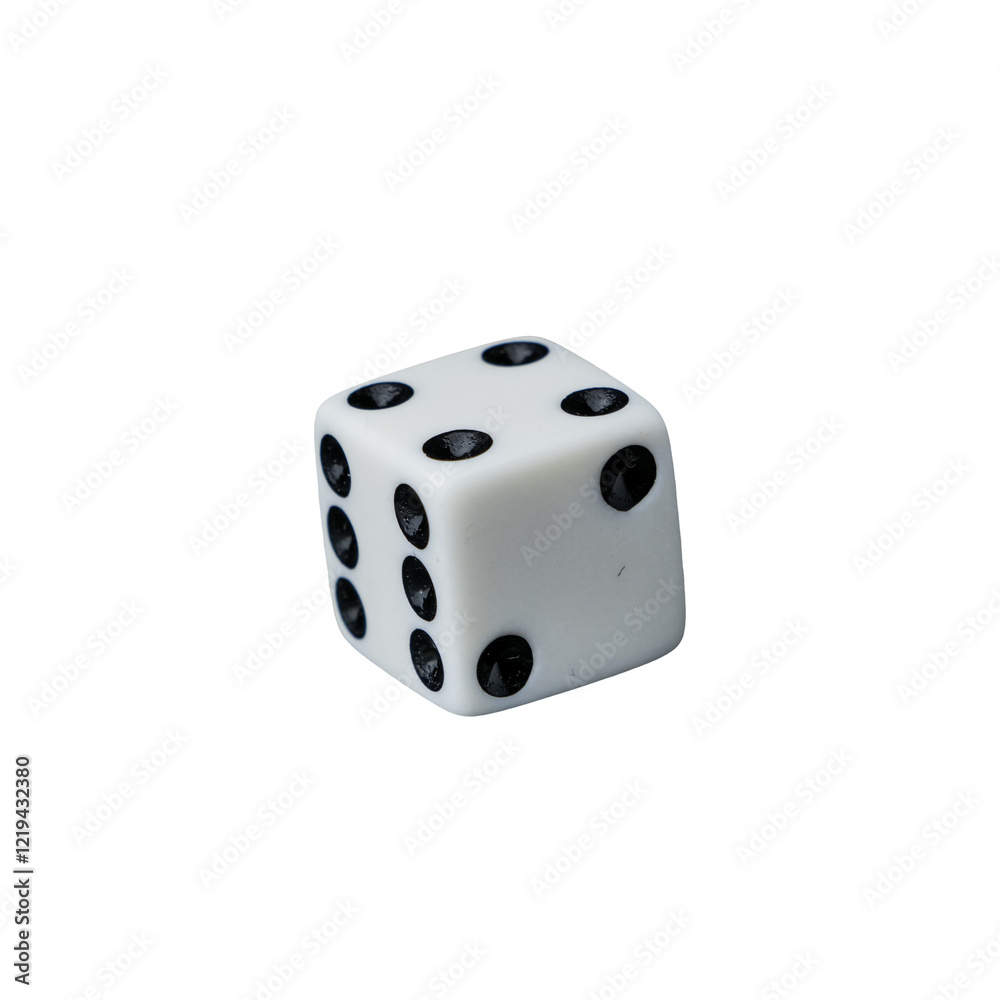 A white gaming die with black dots , symbolizing luck, chance, and strategy in board games, role-playing adventures, and casino excitement. transparent background

