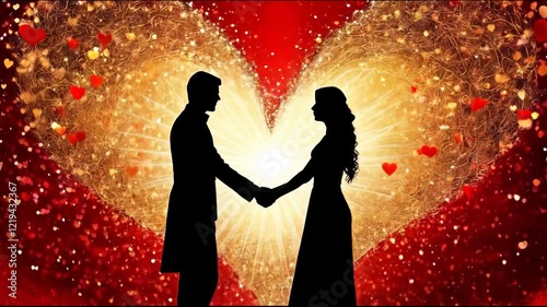 Lovers Silhouette Against a Radiant, Heart-Shaped Explosion of Light and Color. The silhouette of a couple standing close and holding hands in front of a spectacular backdrop. 