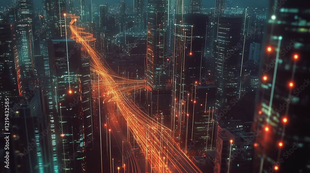 Obraz premium Smart digital Innovation city with connection network reciprocity over the twilight cityscape. of future smart wireless digital city and social media networking systems that connects people with city