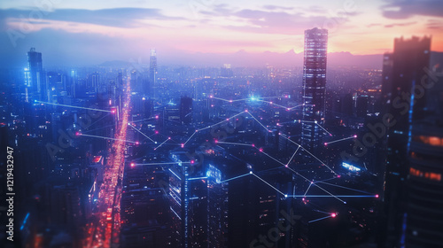 Wallpaper Mural Smart digital Innovation city with connection network reciprocity over the twilight cityscape. of future smart wireless digital city and social media networking systems that connects people with city Torontodigital.ca